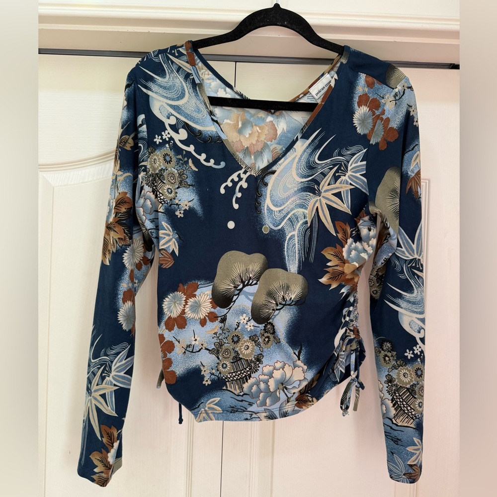 PELICAN COVE | Y2K Japanese Pattern Side Ruched Shirt